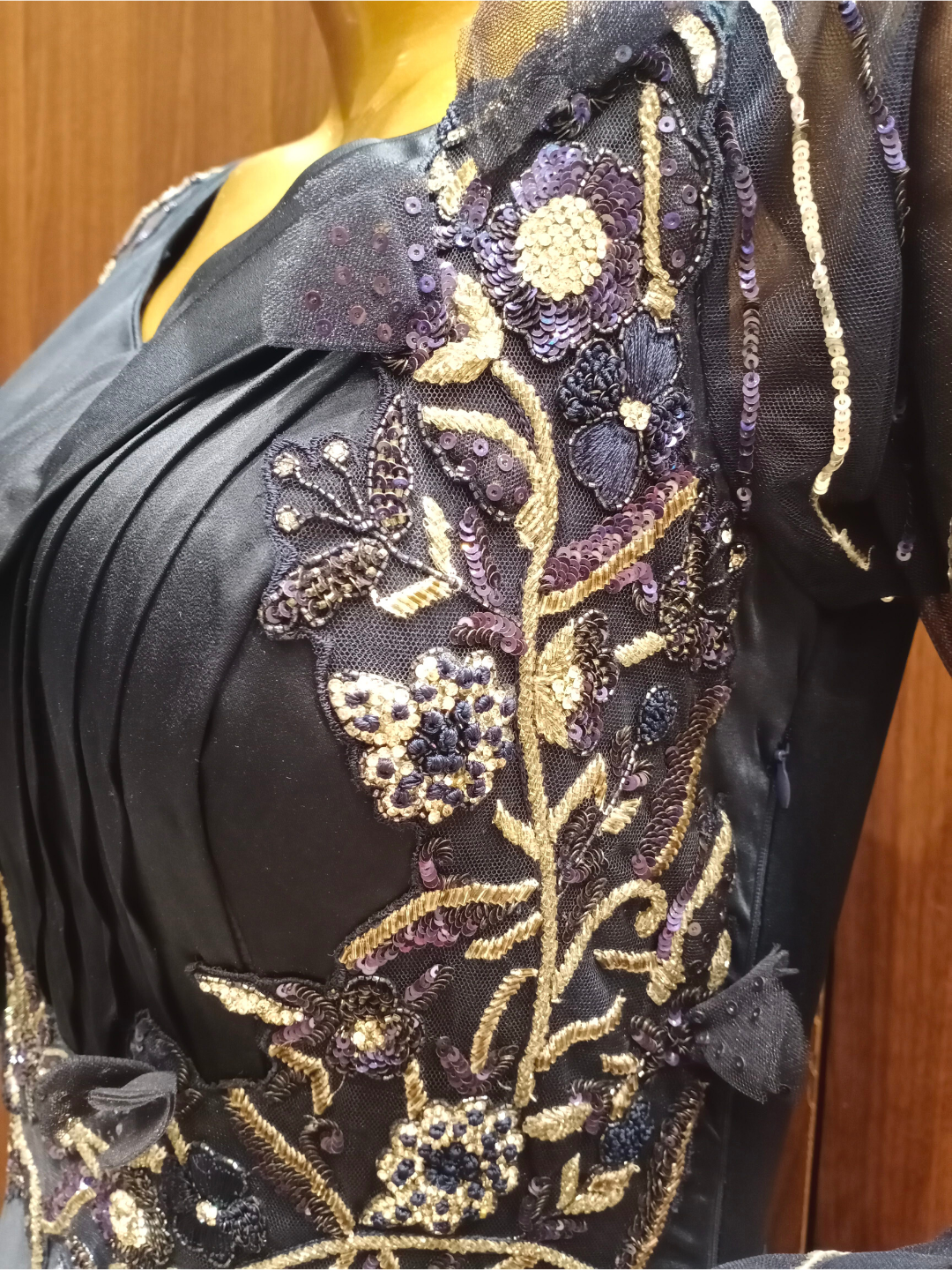 Deep Blue Crepe Silk Flared Gown With Pleating & Embroidered Sleeves
