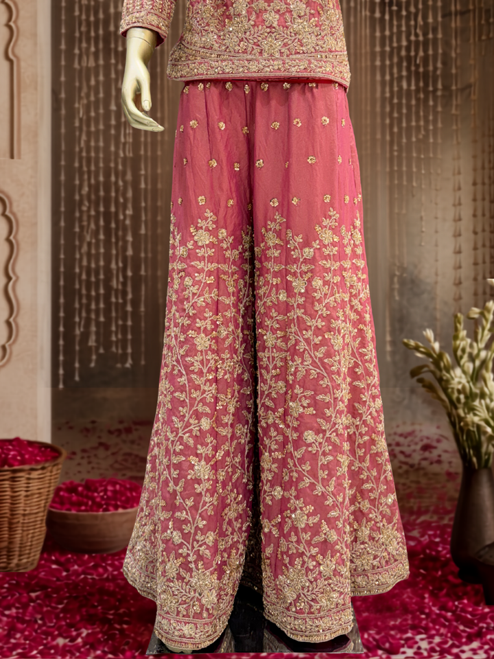 Zardozi & Sequin Embroidered Kurta with Sharara Set in Rose Pink