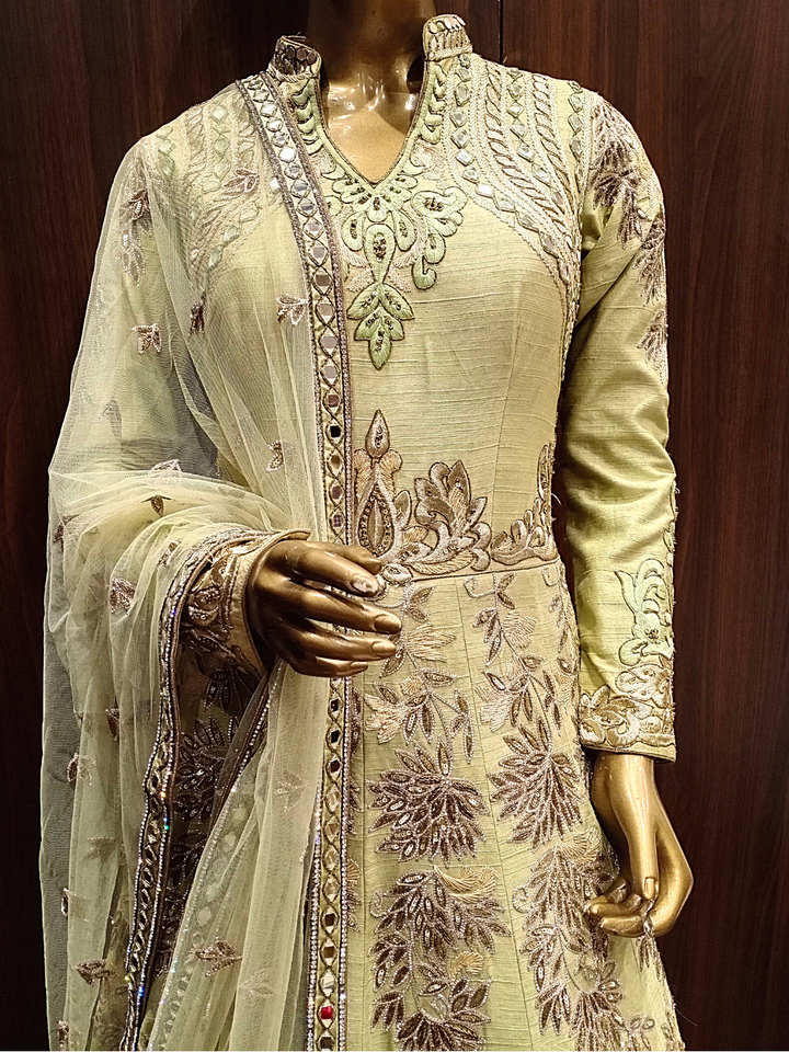 Pastel Green Mirror Embellished Raw Silk Anarkali with Resham embroidery in Ethnic Pattern