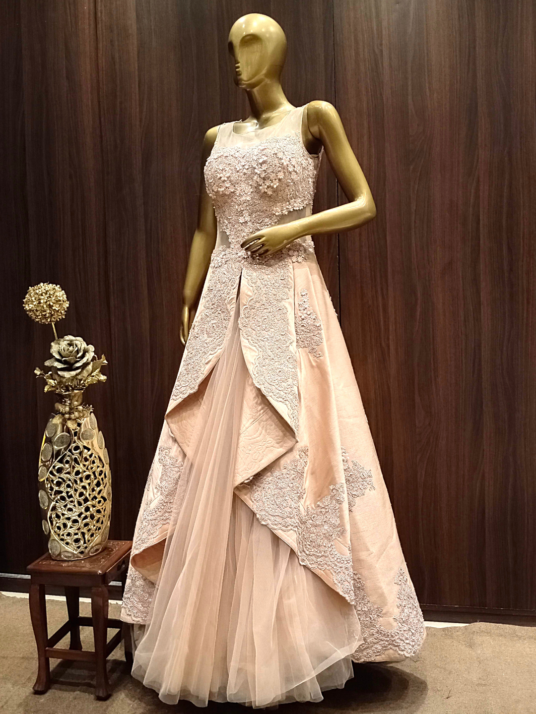 Rose Gold Structured Jacket Gown With Resham Embroidery & Stylised Hemline