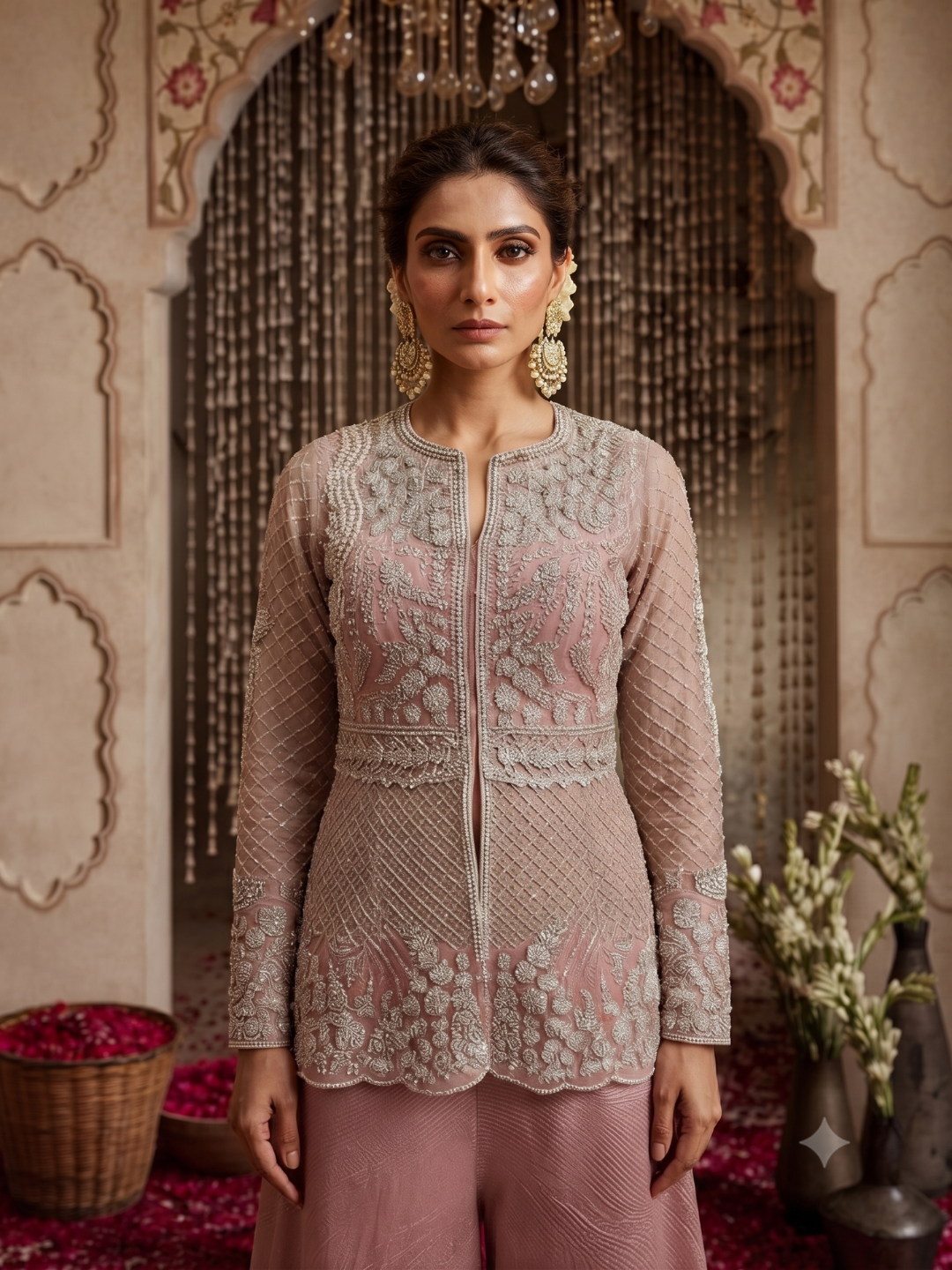 Pearl & Sequin Embroidered Jacket Blouse with Palazzo Set Dusty Pink