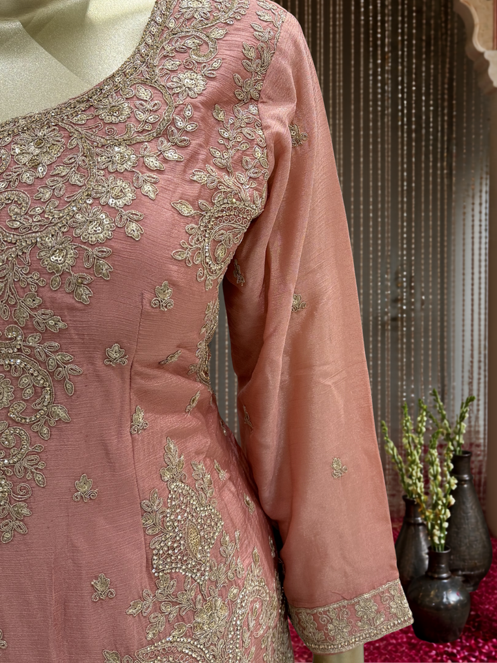 Dusty Pink Silk Sharara Set with Zari & Sequin Floral Embroidery & Dupatta