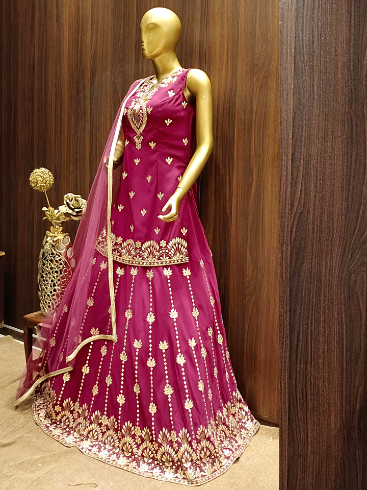 Wine Kurta Lehenga Set With Heavy Gold Hand Embroidery & Ethnic Motifs