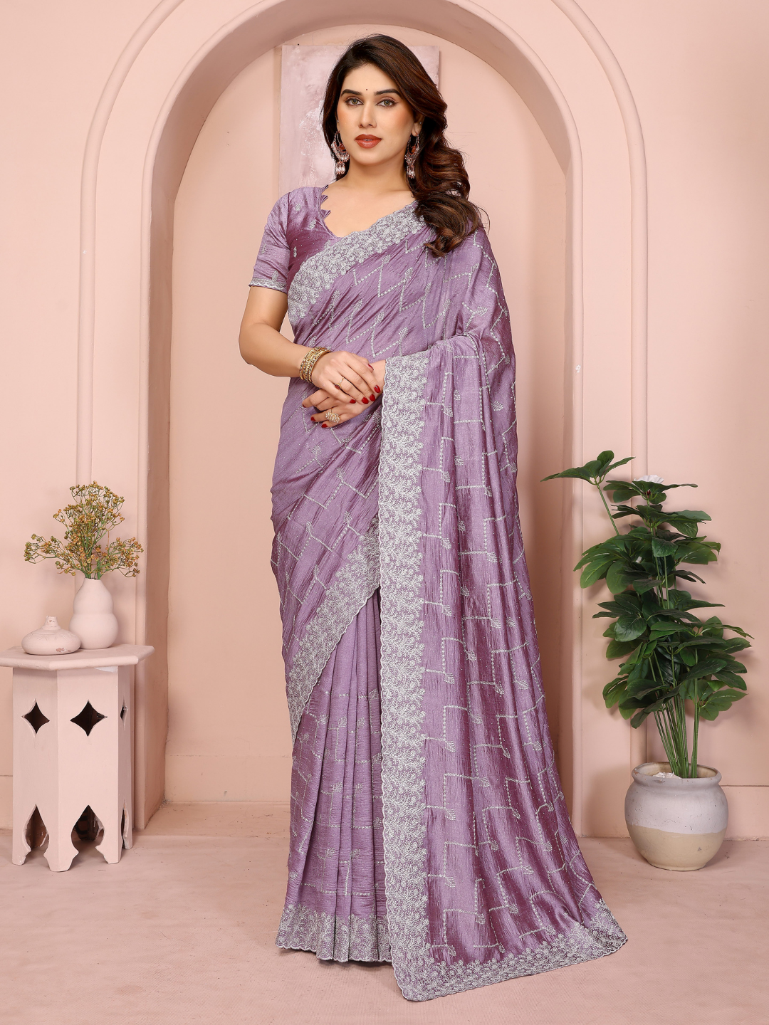 Mauve Sequin Embroidered Chevron Saree with Scalloped Border