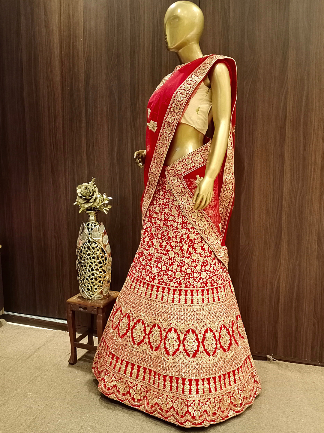 Heavy Ornate Semi-stitched Bridal Lehenga with Gold Zari & Zardozi Embroidery