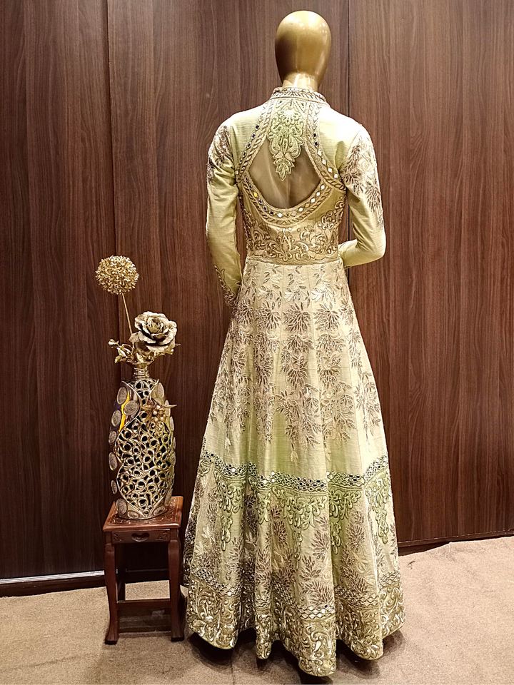 Pastel Green Mirror Embellished Raw Silk Anarkali with Resham embroidery in Ethnic Pattern