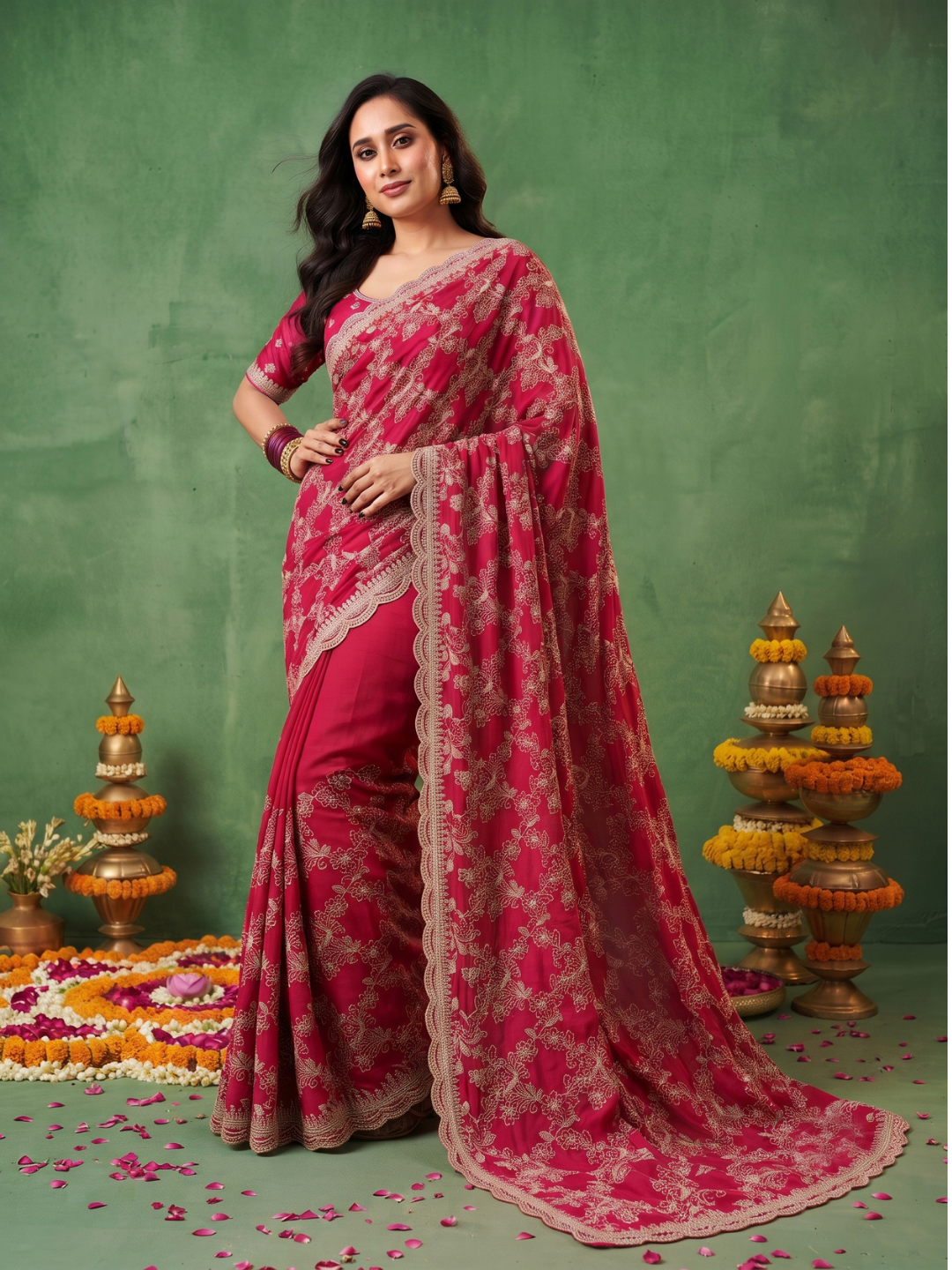 Silk Saree with Zari Floral Jaal Embroidery & Scalloped Cutwork Border