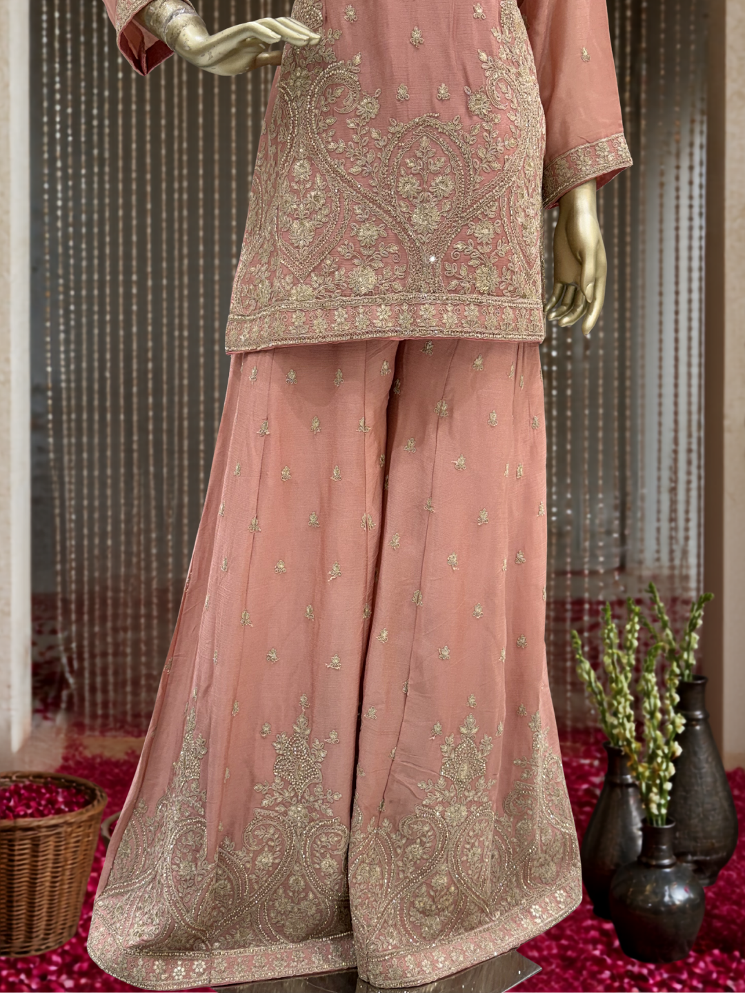 Dusty Pink Silk Sharara Set with Zari & Sequin Floral Embroidery & Dupatta