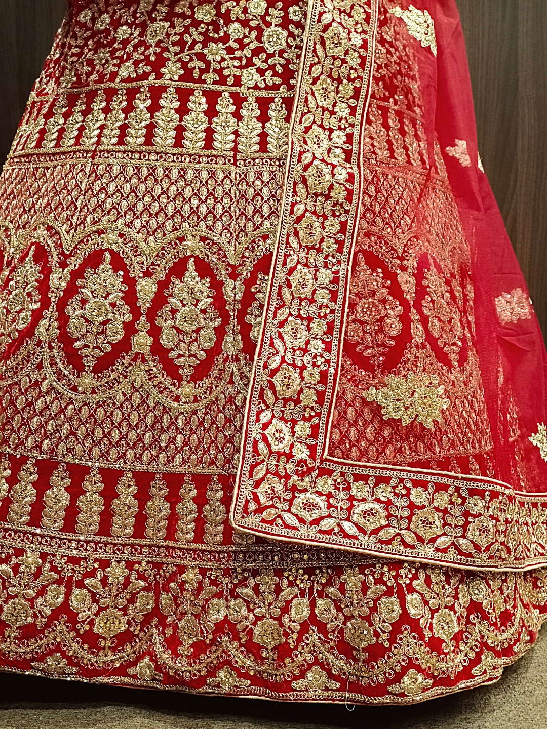 Heavy Ornate Semi-stitched Bridal Lehenga with Gold Zari & Zardozi Embroidery