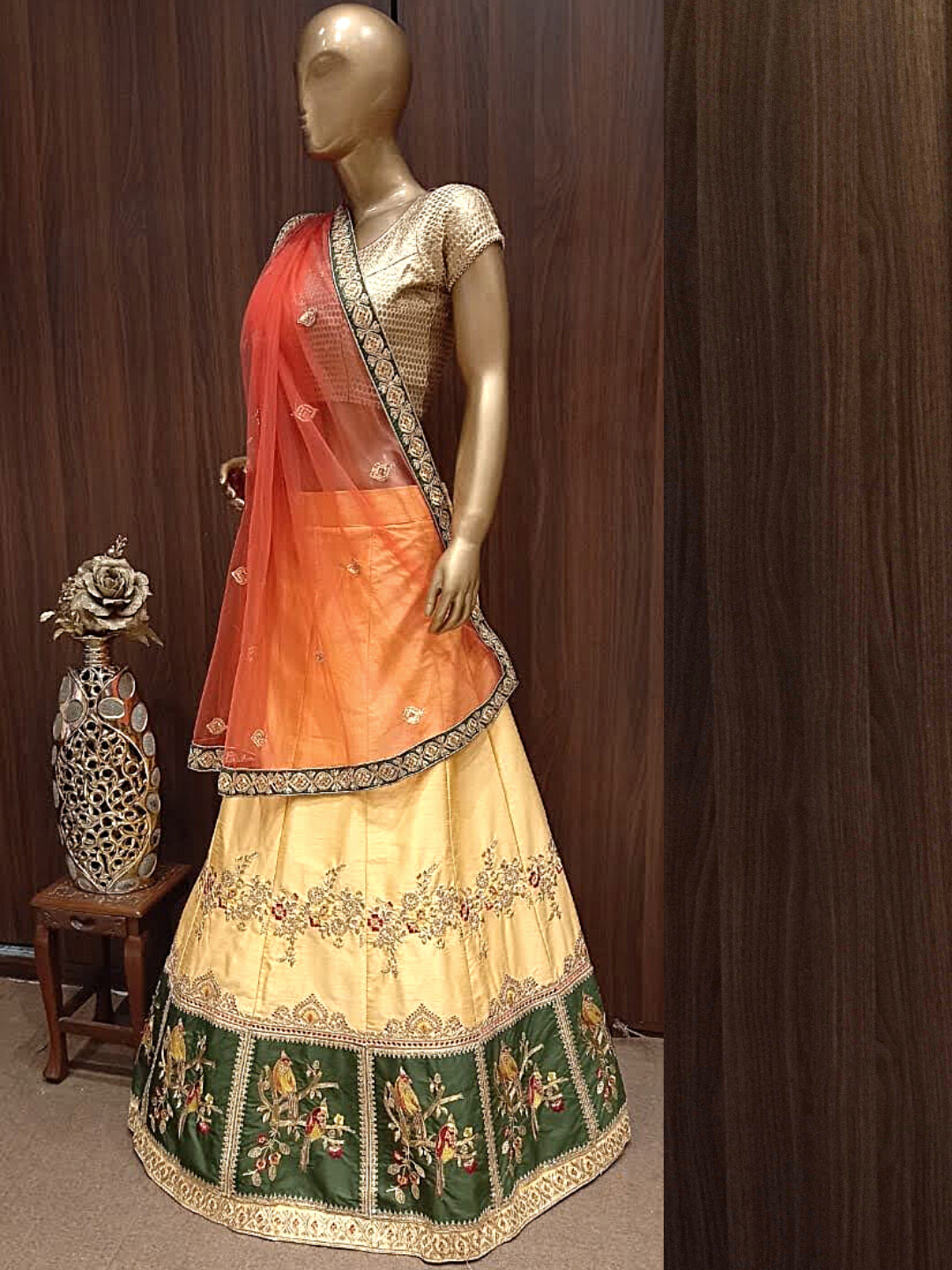 Beige Semi-Stitched Silk Lehenga with Broad Embroidered Border & Embellished Dupatta