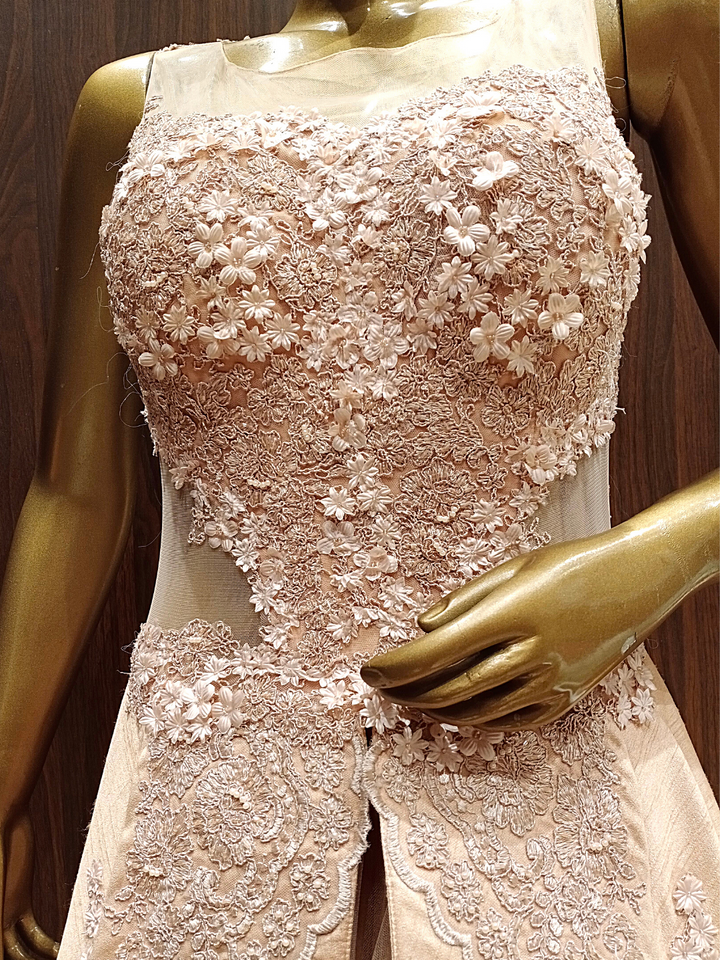 Rose Gold Structured Jacket Gown With Resham Embroidery & Stylised Hemline