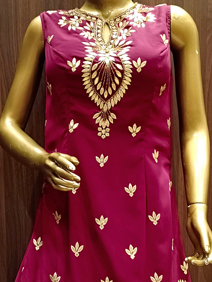 Wine Kurta Lehenga Set With Heavy Gold Hand Embroidery & Ethnic Motifs