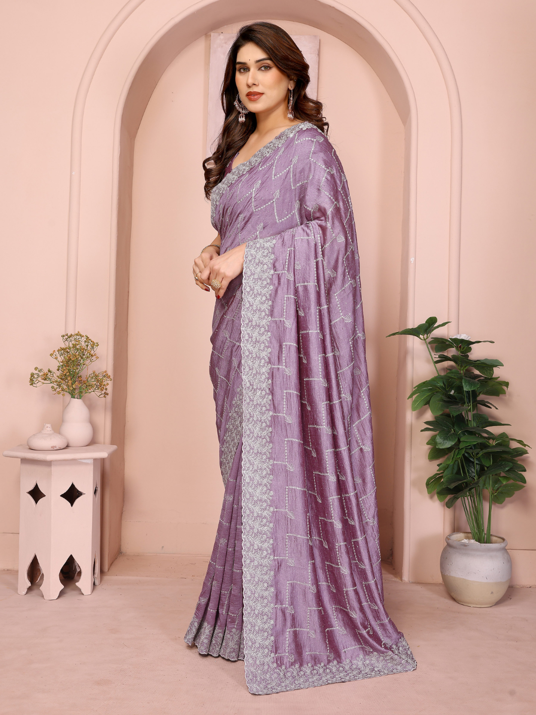 Mauve Sequin Embroidered Chevron Saree with Scalloped Border