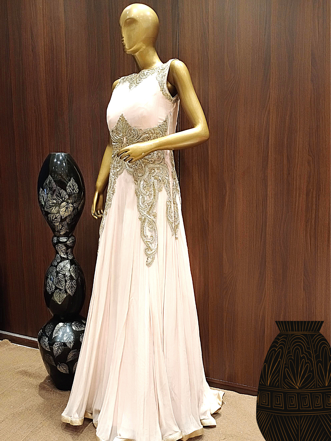 Ivory Pink Flared Gown With Stylized Back and Metallic Gold, Silver Thread Embroidery