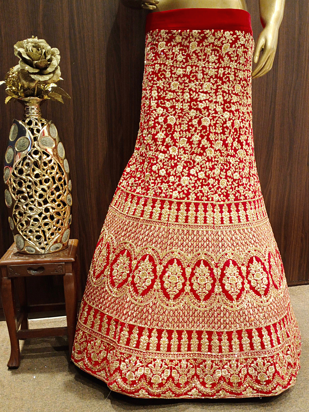 Heavy Ornate Semi-stitched Bridal Lehenga with Gold Zari & Zardozi Embroidery