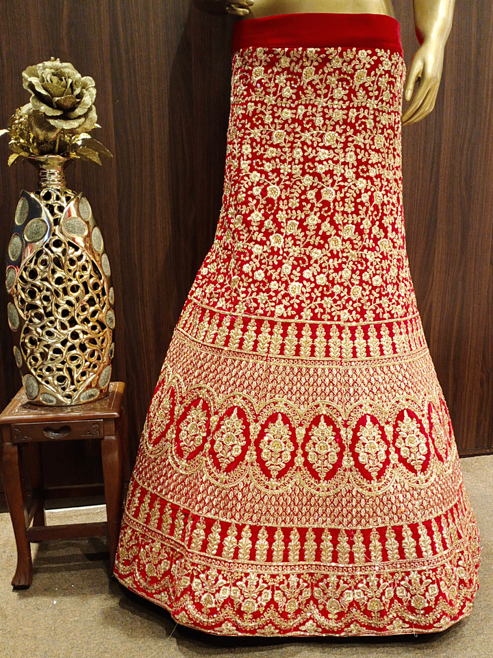 Heavy Ornate Semi-stitched Bridal Lehenga with Gold Zari & Zardozi Embroidery