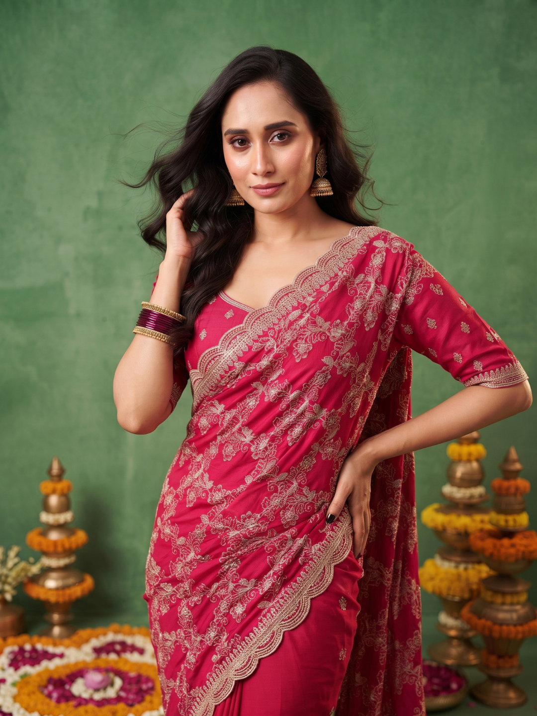 Silk Saree with Zari Floral Jaal Embroidery & Scalloped Cutwork Border