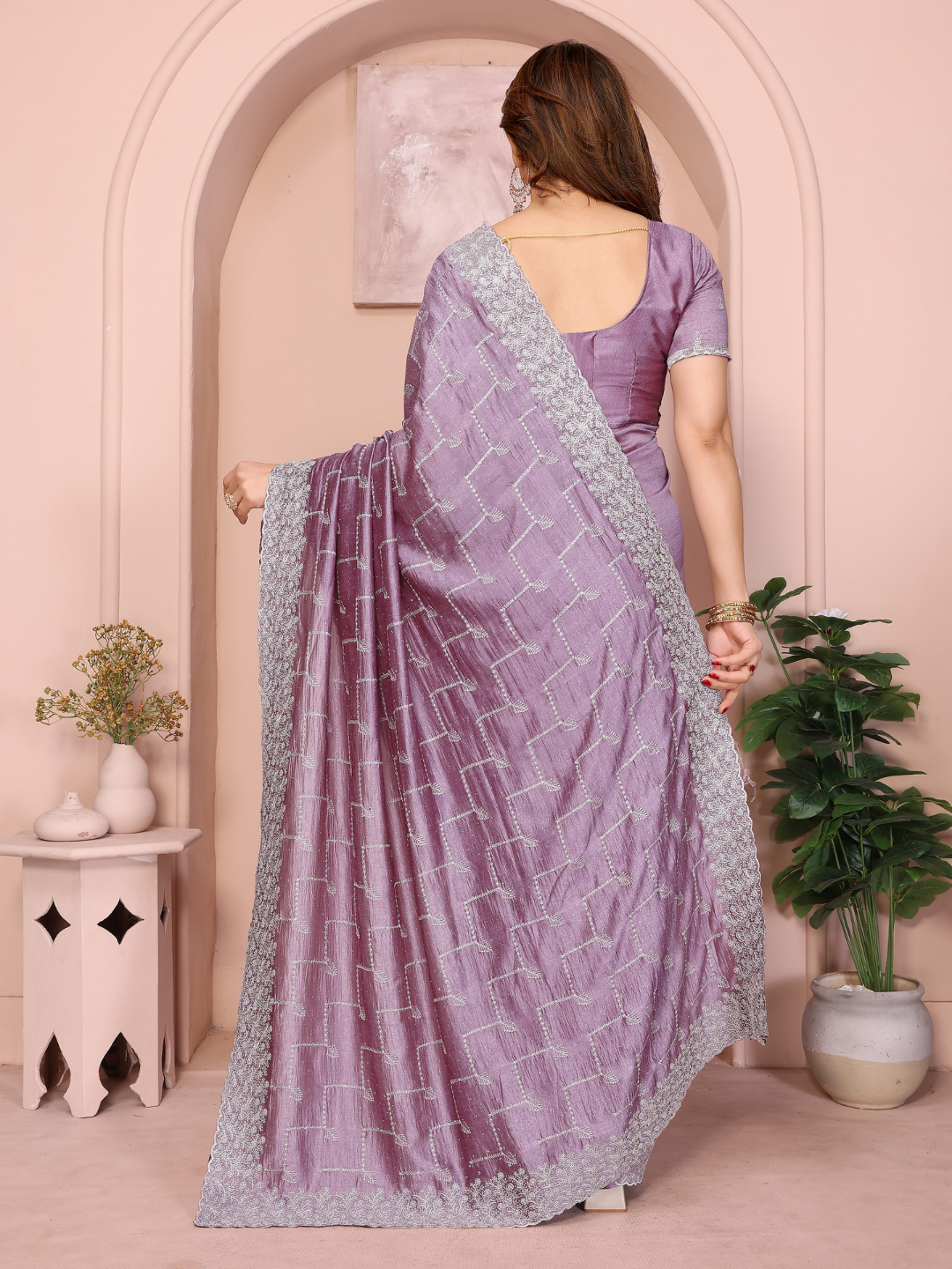 Mauve Sequin Embroidered Chevron Saree with Scalloped Border