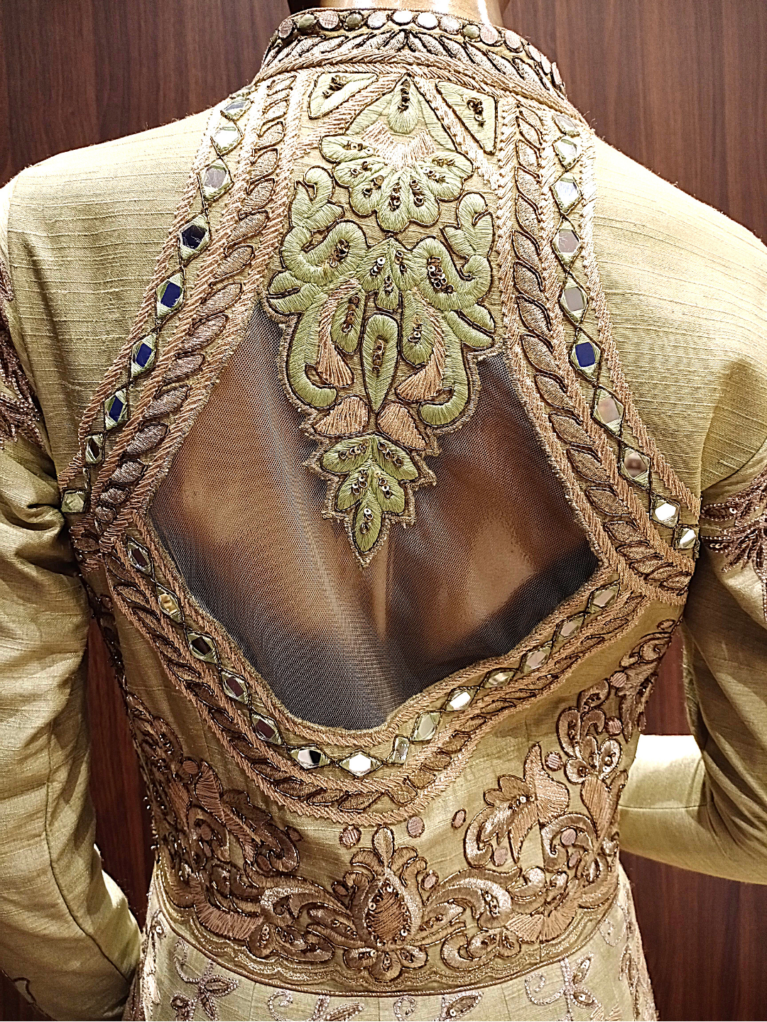 Pastel Green Mirror Embellished Raw Silk Anarkali with Resham embroidery in Ethnic Pattern