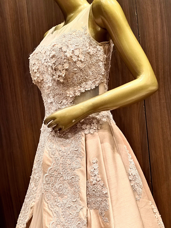 Rose Gold Structured Jacket Gown With Resham Embroidery & Stylised Hemline