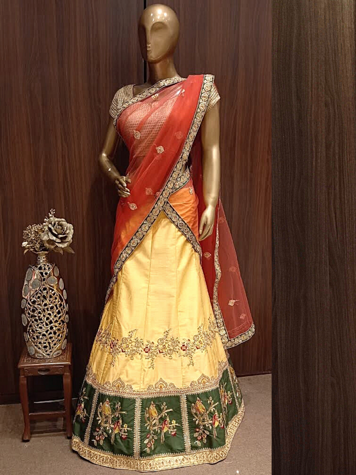 Beige Semi-Stitched Silk Lehenga with Broad Embroidered Border & Embellished Dupatta