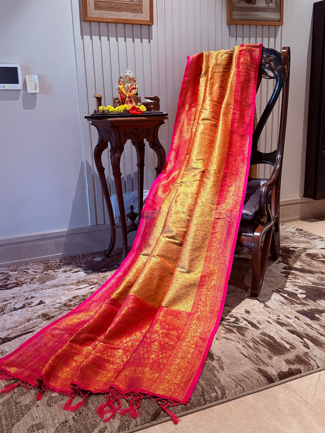 Golden Pink Zari Woven Banarasi Saree with Polka Dot Body & Floral Brocade Border