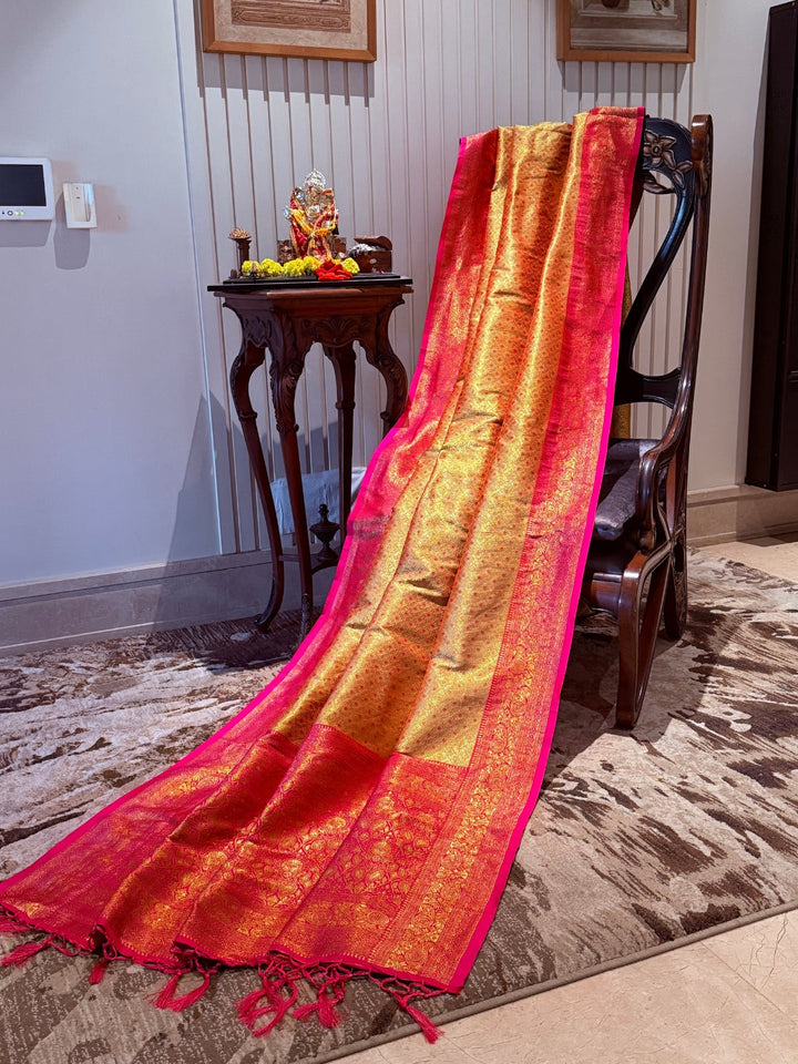 Golden Pink Zari Woven Banarasi Saree with Polka Dot Body & Floral Brocade Border