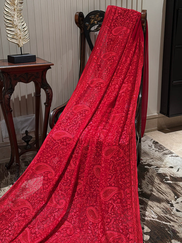 Red Georgette Saree with Tonal Paisley & Floral Thread Embroidery
