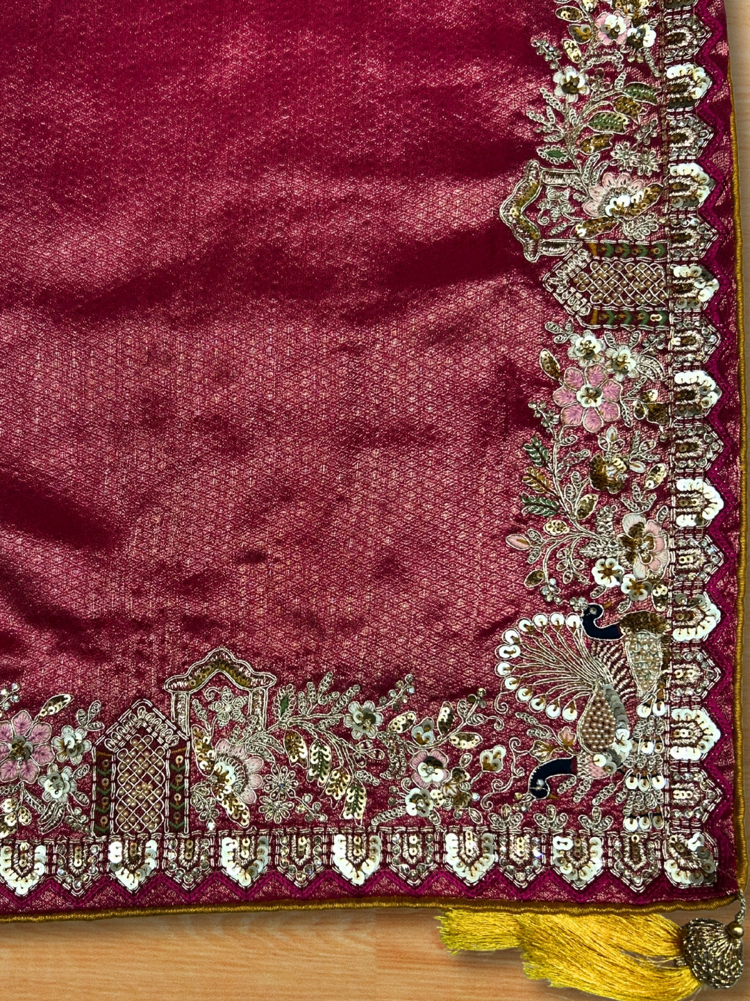Jacquard Saree with Heavy Zardozi Sequin Peacock Floral Border & Embroidered Blouse