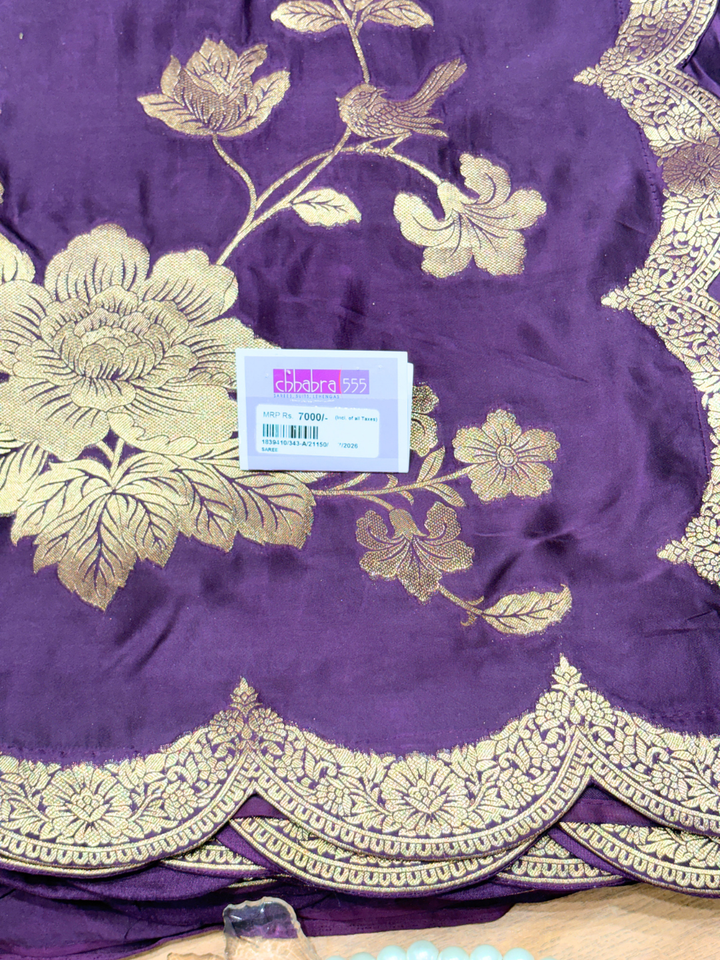 Purple Silk Golden Zari Woven Floral Saree with Scalloped Border