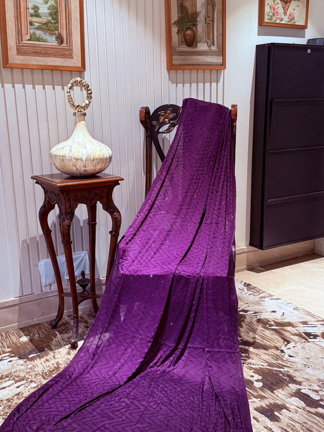 Georgette Saree with All-Over Zigzag Sequin Work & Matching Sequin Border