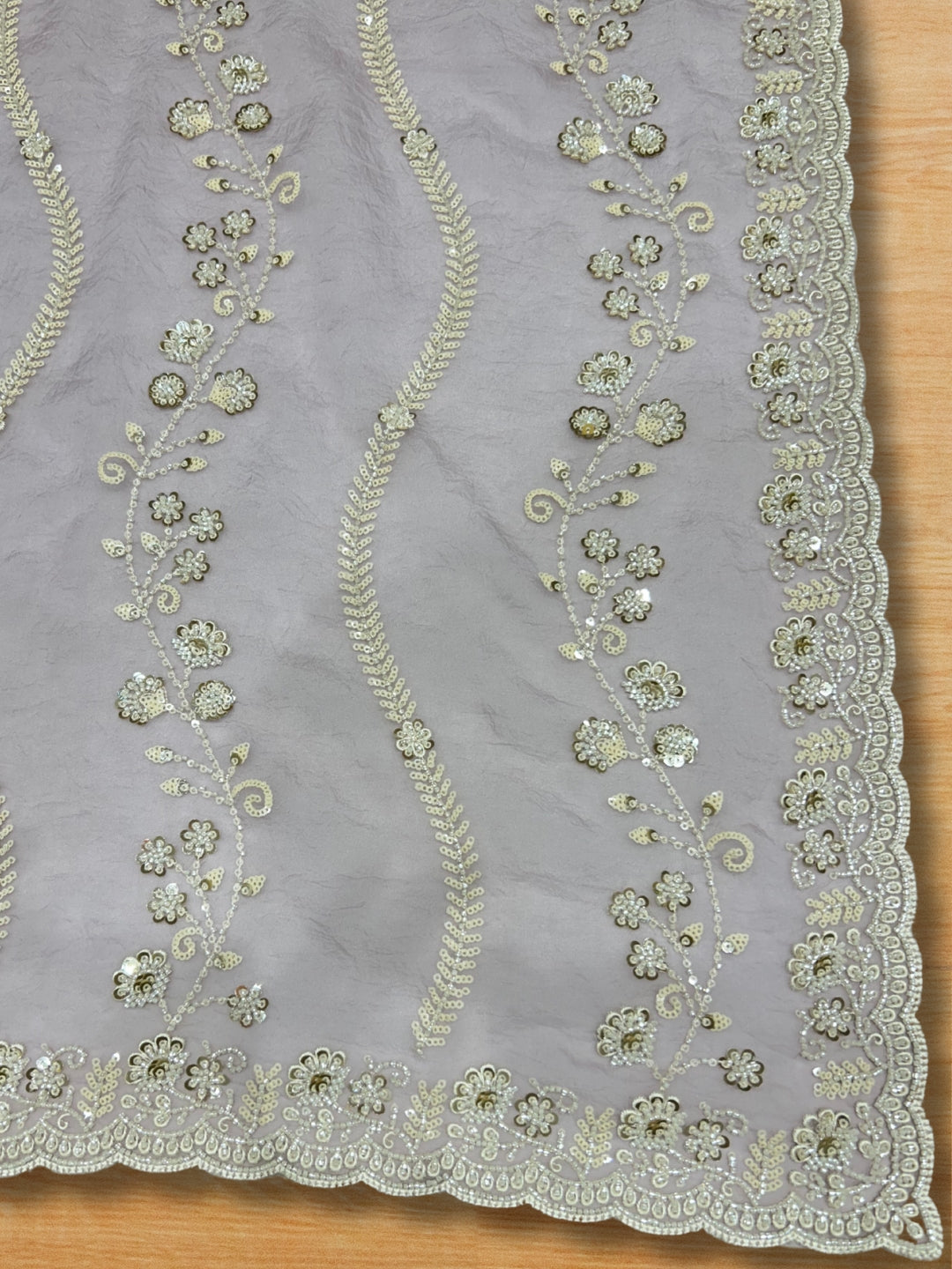 Mauve Net Saree with Ivory-Gold Hand Sequin Floral Scalloped Border & Embroidery