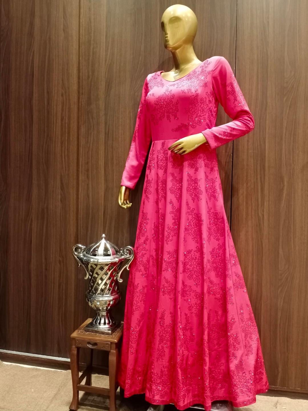 Fuchsia Pink Flared Crepe Gown with Tonal Swarovski Crystal Embellishments