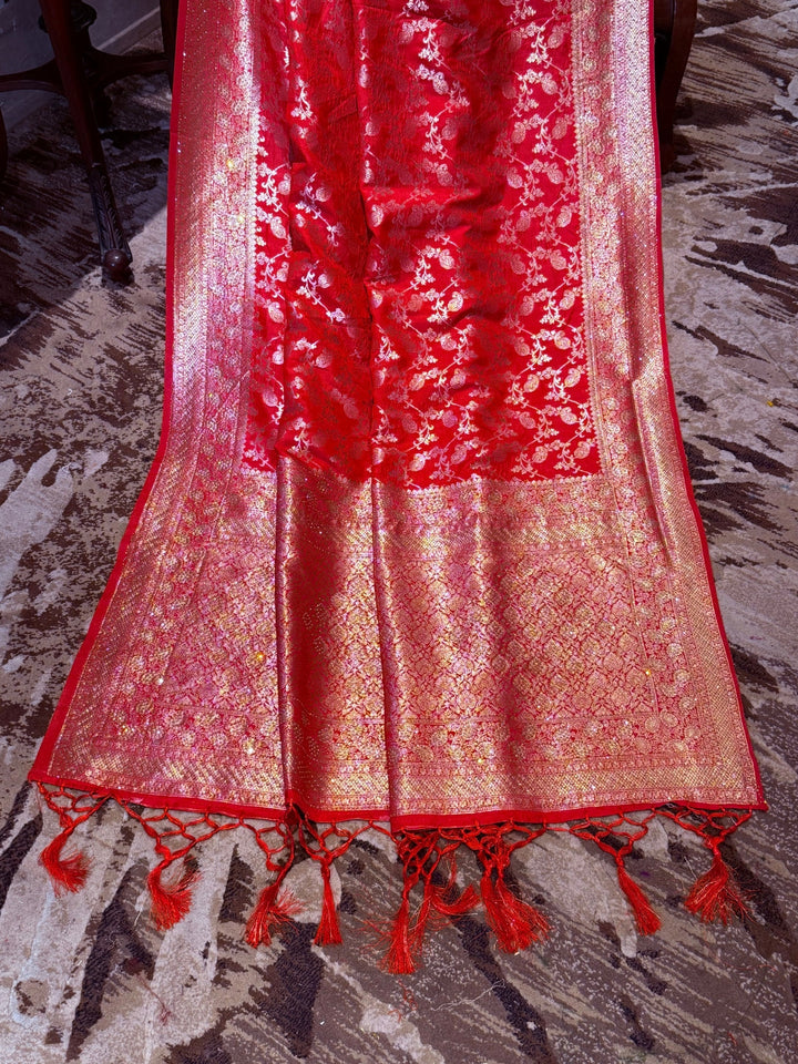 Banarasi Art Silk Saree with Gold Zari Floral Paisley Motifs & Brocade Border