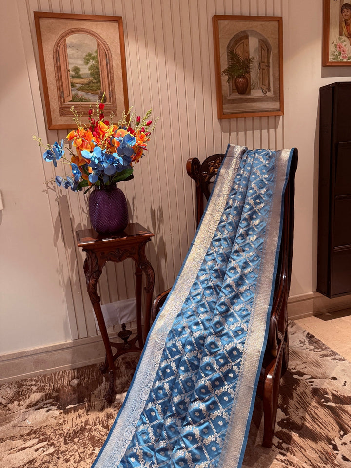 Banarasi Art Silk Saree with Silver Geometric Jaal & Rich Brocade Border