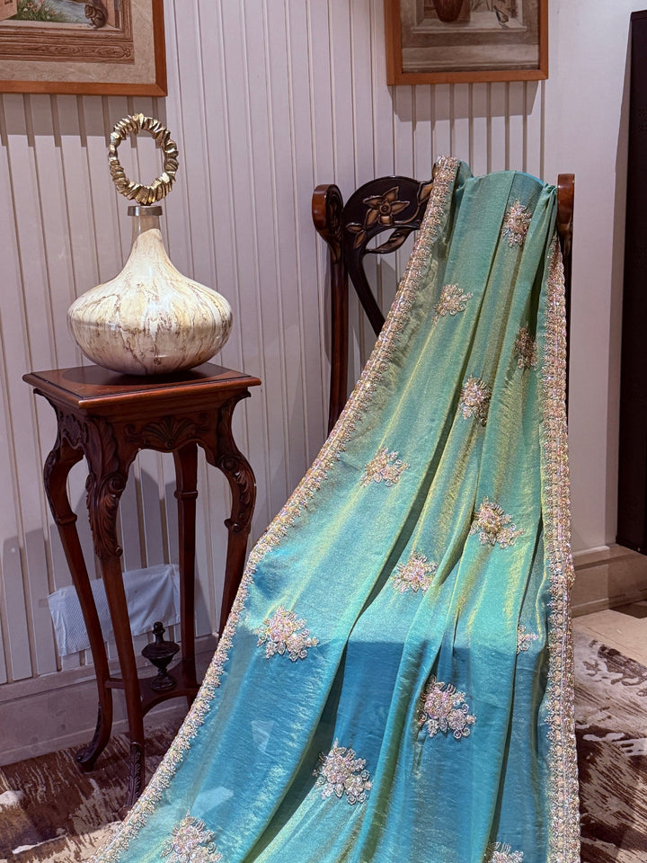 Embellished Art Silk Saree with Sequin Floral Motifs & Crystal Bead Border