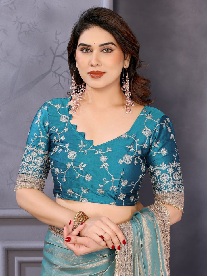 Shimmer Saree with Gold Lace Border & Teal Floral Thread Embroidered Blouse