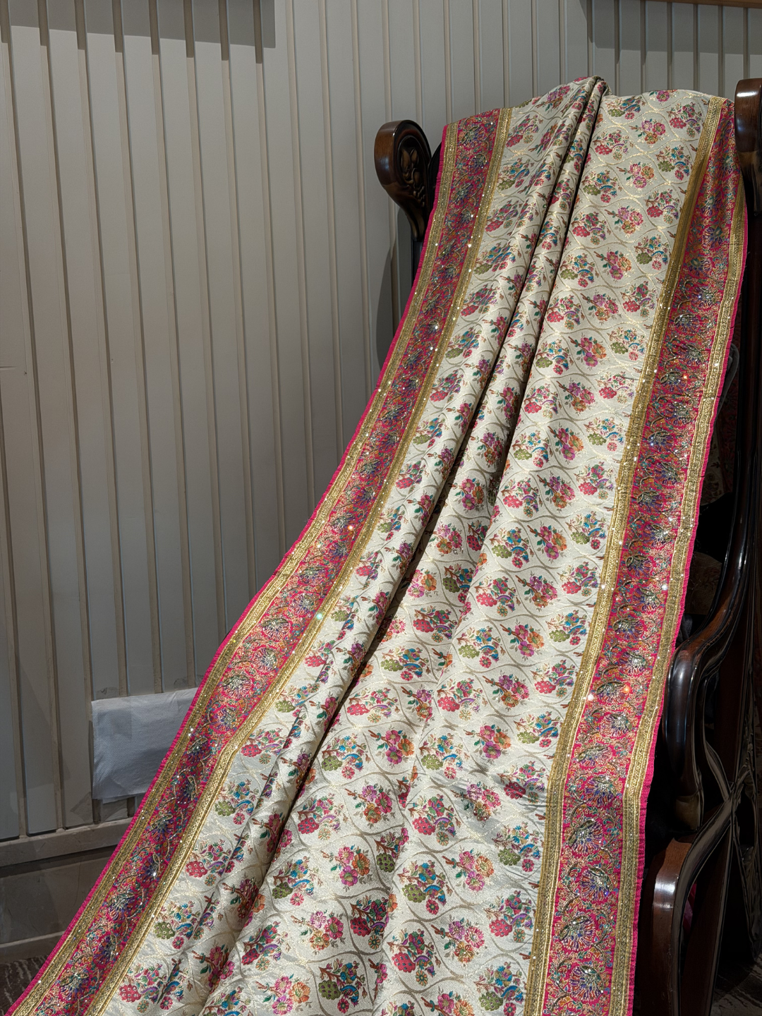 Ivory & Pink Banarasi Silk Saree with Meenakari Floral Jaal Weaving & Heavy Zari Paisley Border with Sequin Work