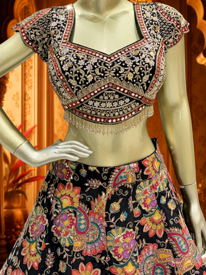 Black Silk Lehenga Choli with Multicolour Resham Paisley & Floral Print, Zari & Pearl Embroidered Blouse with Black Dupatta