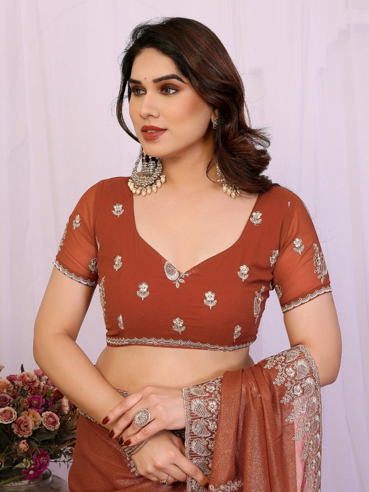 Burnt Copper Shimmer Saree with Silver Thread Embroidered Butis & Scalloped Border
