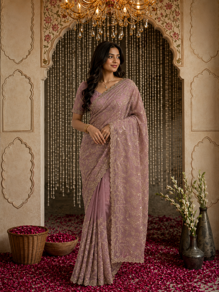 Organza Silk Thread & Sequin Floral Embroidered Saree with Blouse Piece in Light pink