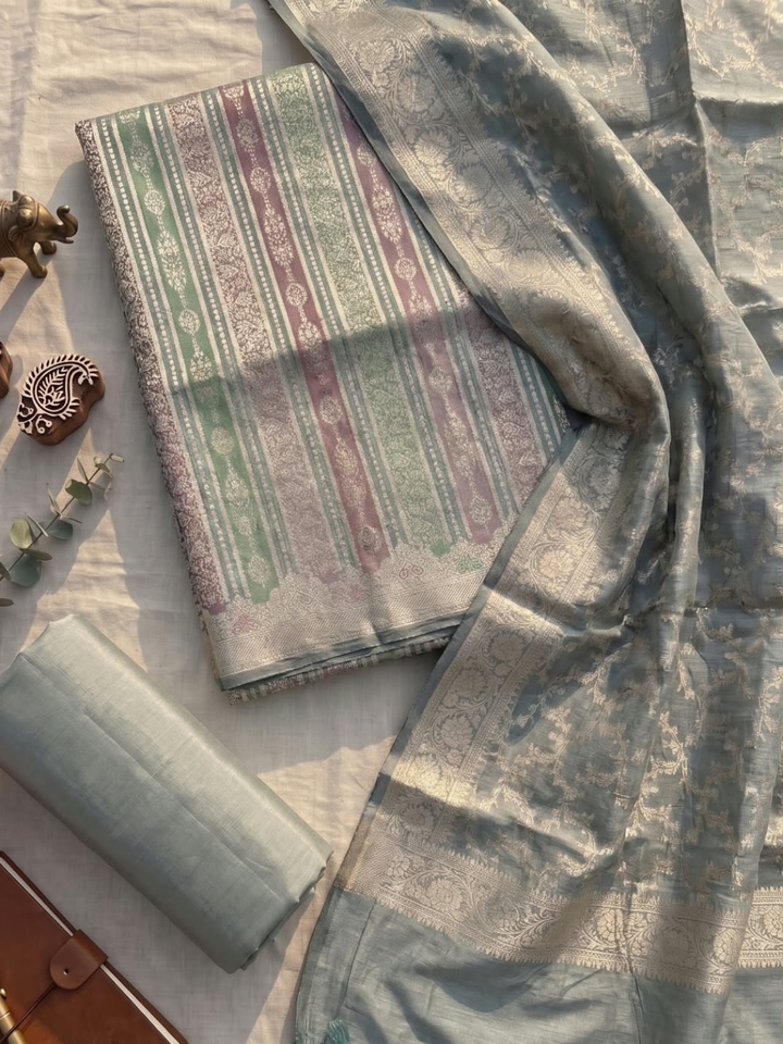 Banarasi Silk Unstitched Suit Set with Zari Border Dupatta in Pastel Multicolour