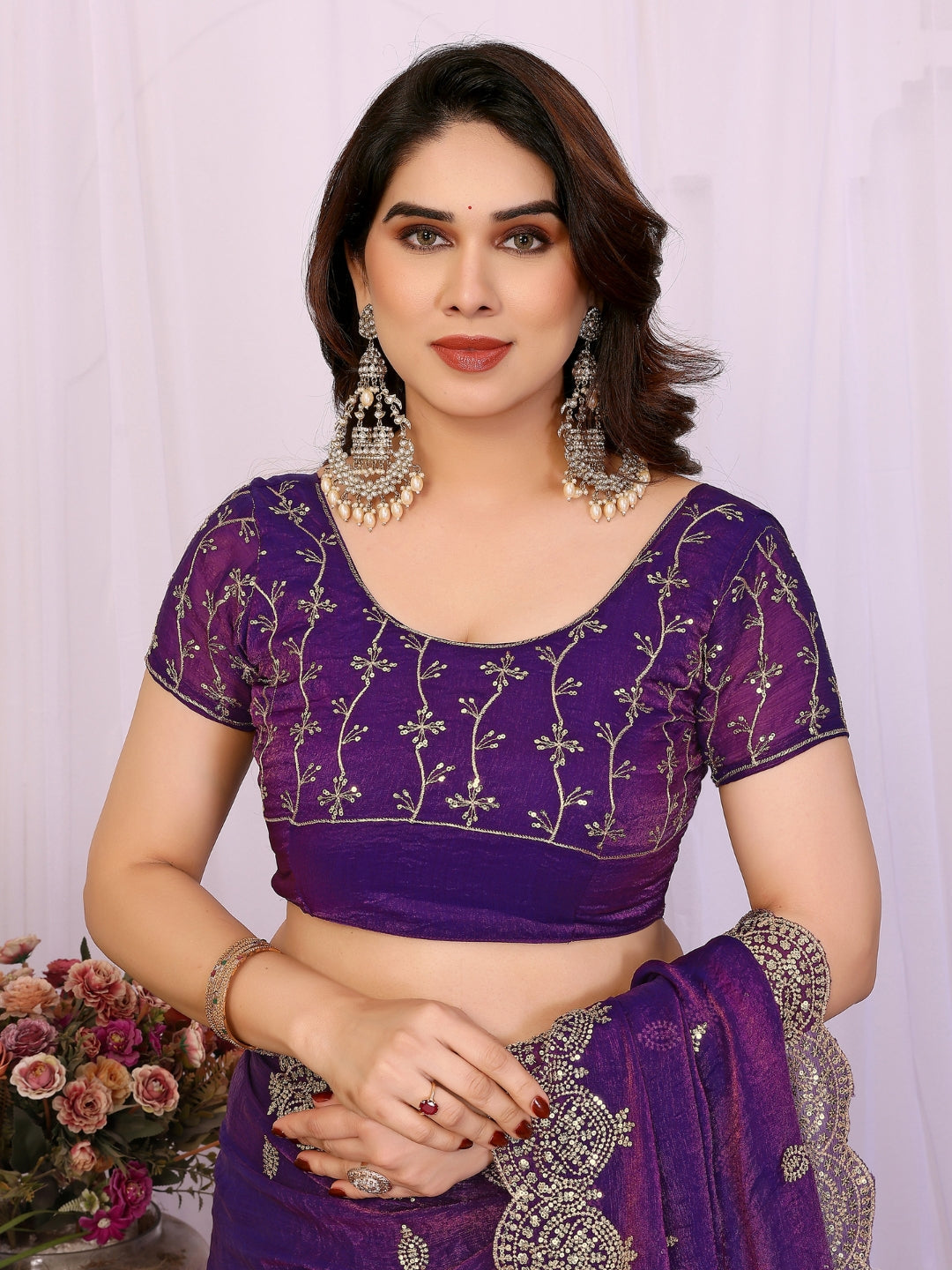 Shimmer Saree with Antique Gold Embroidered Butis & Heavy Scalloped Border