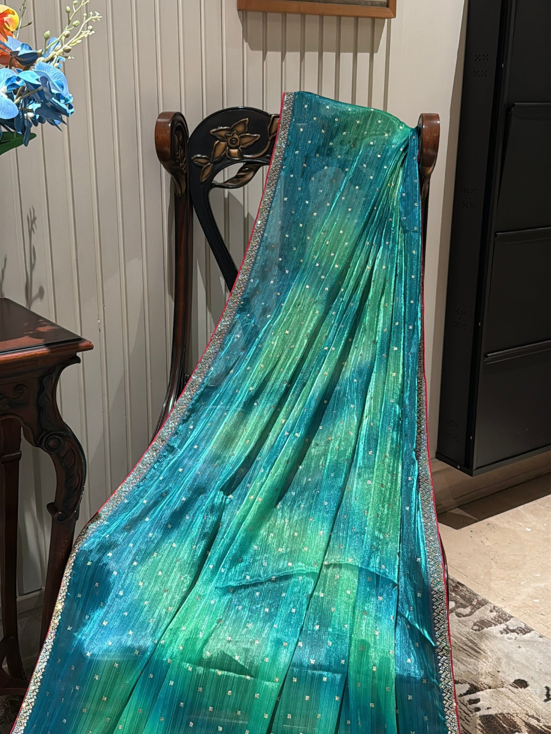 Ombre Shimmer Saree with Silver Sequin Buttas & Dual-Tone Woven Border
