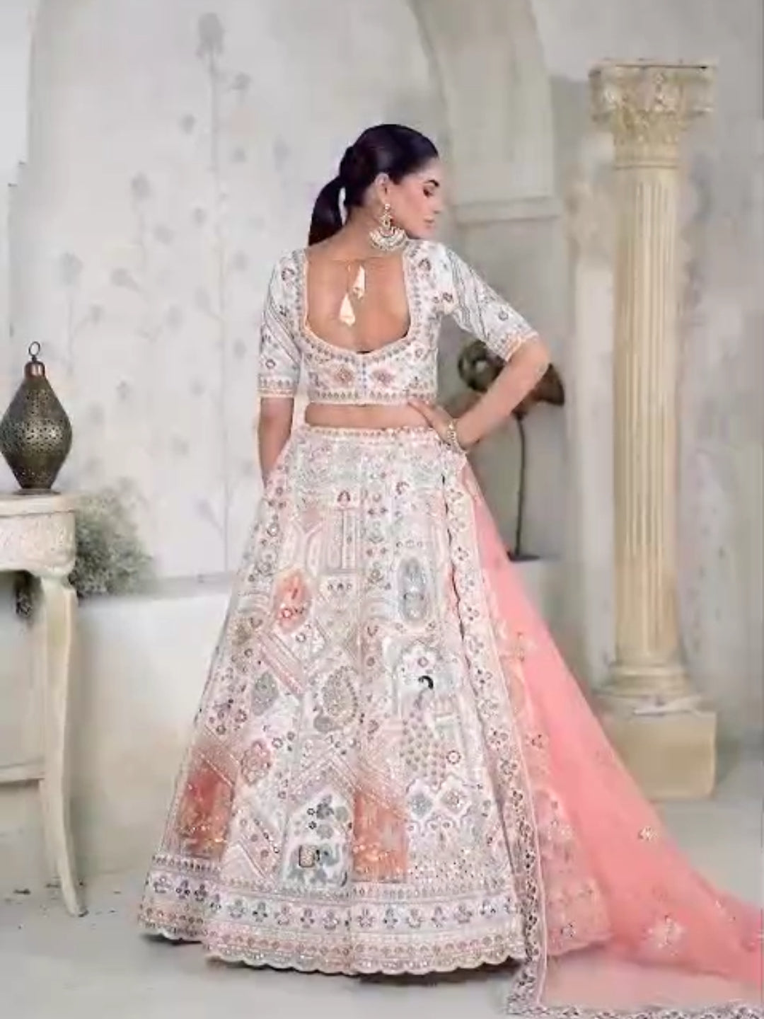 Multicolour Resham Embroidered Lehenga with Peach Net Dupatta