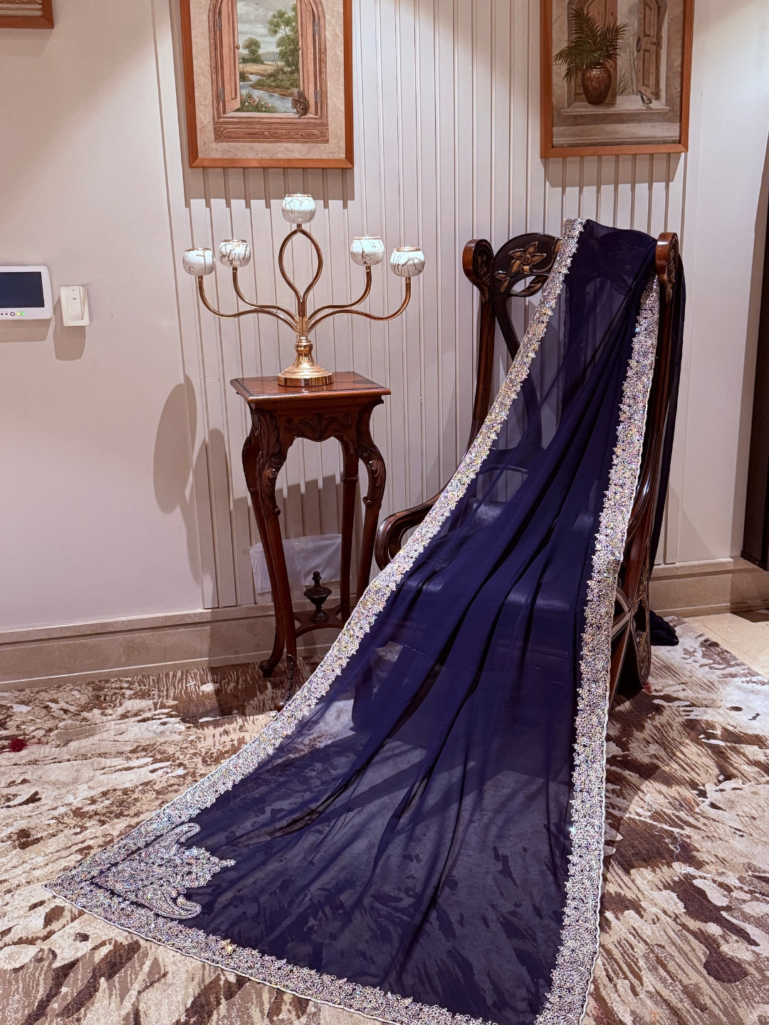 Navy Blue Georgette Saree with Silver Pastel Sequin Floral Embroidered Broad Border