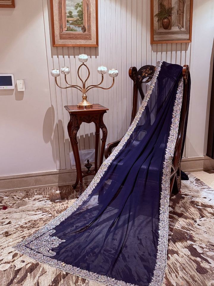 Navy Blue Georgette Saree with Silver Pastel Sequin Floral Embroidered Broad Border