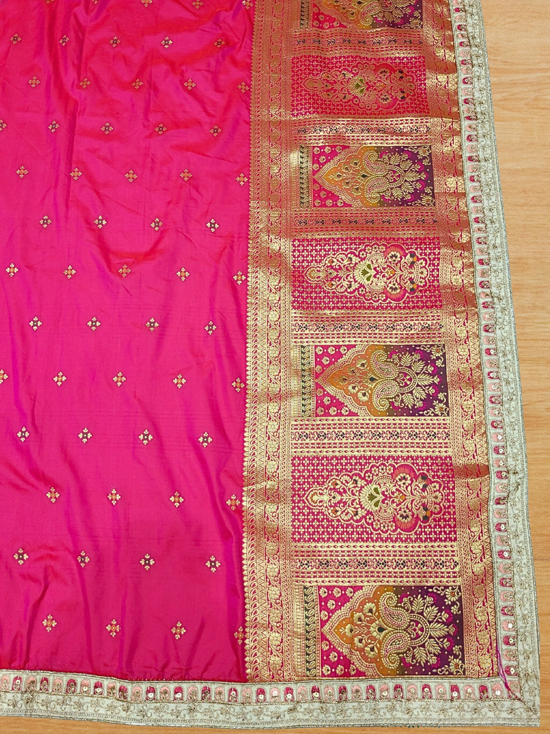 Ivory Orange Silk Lehenga with Pink Dupatta & Zari Embroidery Detailing
