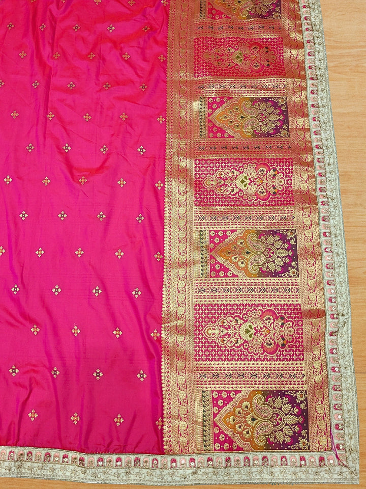 Ivory Orange Silk Lehenga with Pink Dupatta & Zari Embroidery Detailing