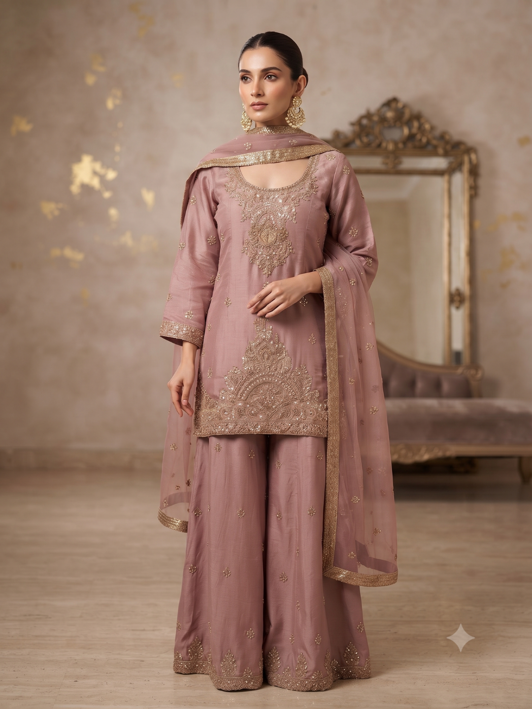 Sequin & Zari Embroidered Kurta with Palazzo Set in Mauve Pink